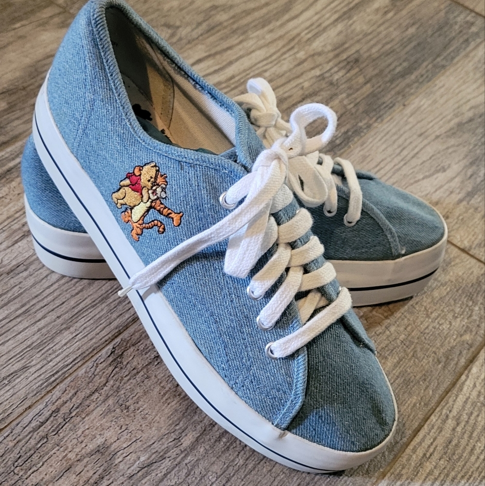 Vintage 90's Disney Denim Sneakers  Embroidered Winnie-the-Pooh Tigger Platform